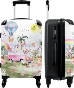 NoBoringSuitcases.com® Koffer Groot - Eenhoorn - Luchtballon - Meisjes - Regenboog - Trolley Koffer Met TSA-slot - Met Wielen - 90 Liter - Reiskoffer - 66 Cm