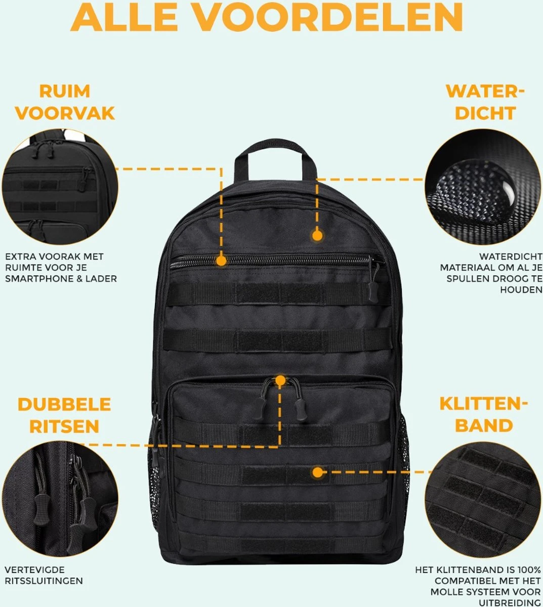 Waterdichte Rugzak - Hybride Tactical Backpack - Reistas Handbagage - Wandelrugzak - Grote Schooltas Zwart 8 Waterdichte Rugzak - Hybride Tactical Backpack - Reistas Handbagage - Wandelrugzak - Grote Schooltas Zwart - Afbeelding 6