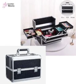 Beautycase / Beautykoffer Van Aluminium Aluminium Zwart Kleur Met Zilver Strips - Kapper - Tattoo - Nagel - Visagie - Make-up - Cosmetica - Schmink - Beauty Case / Beauty Koffer