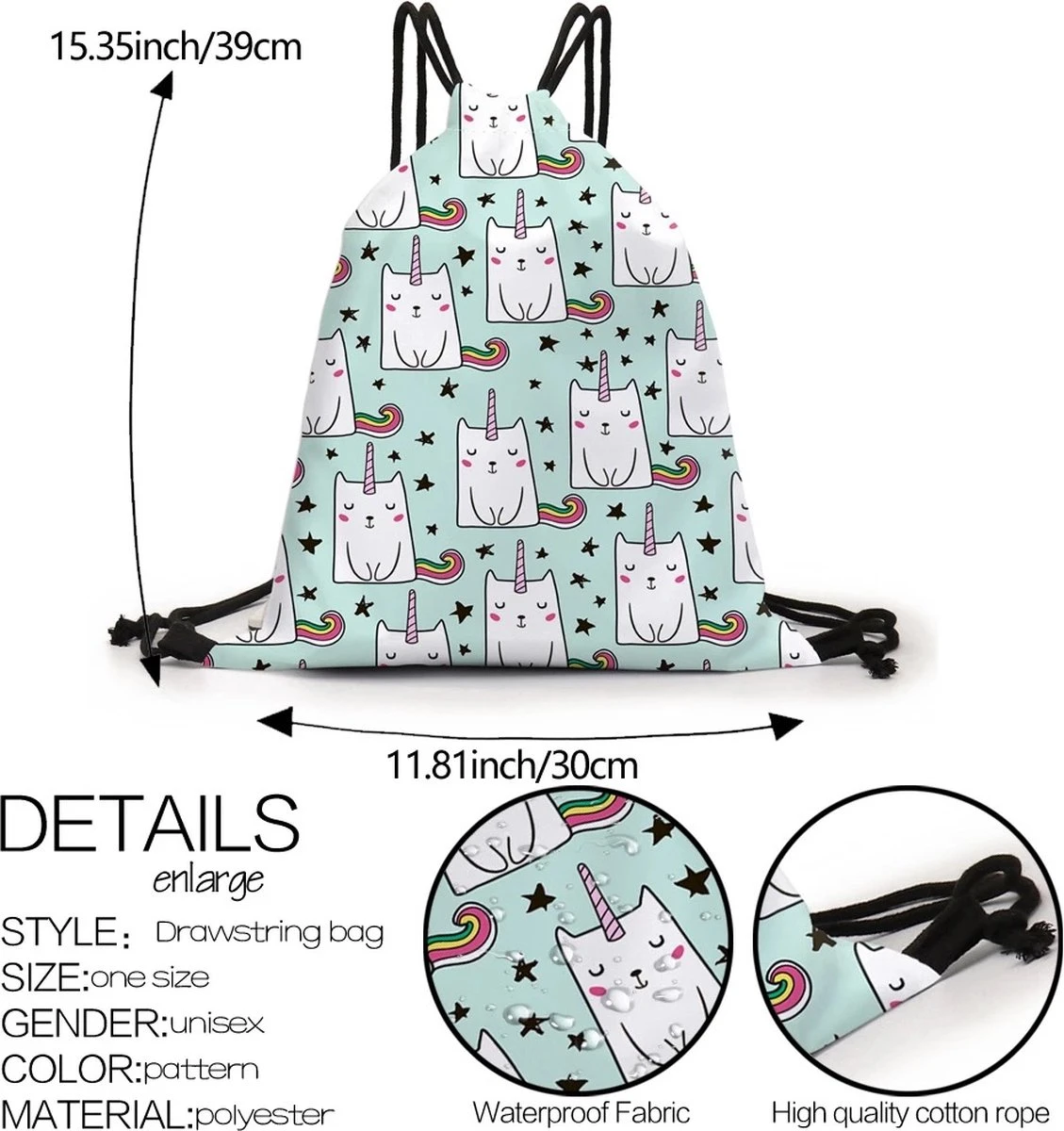 Zwemtas - Gymtas "Unicat" - Luxe Rugtas Met Trekkoorden - School Tas - Rugzak 5 Zwemtas - Gymtas "Unicat" - Luxe Rugtas Met Trekkoorden - School Tas - Rugzak - Afbeelding 3