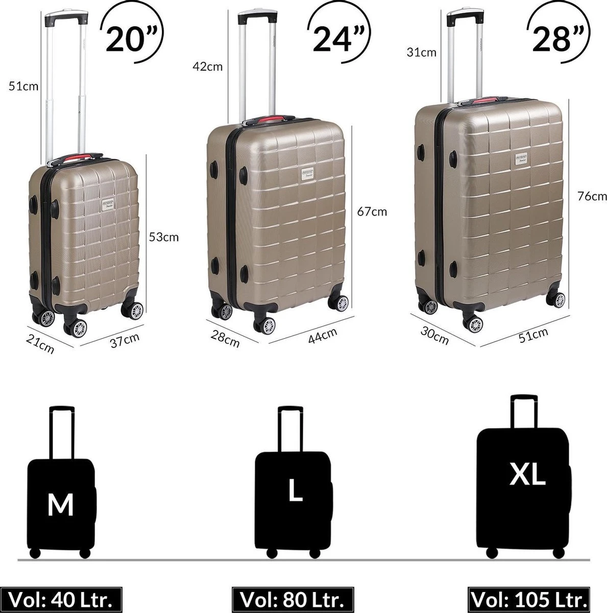 Monazana – Kofferset Exopack - 3-delig –TSA Slot – Wielen - Champagne 4 Monazana – Kofferset Exopack - 3-delig –TSA Slot – Wielen - Champagne - Afbeelding 2