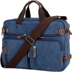 Laptoptas - 3in1- 15Inch - Blauw - 15 Vak - Canvas - Leer