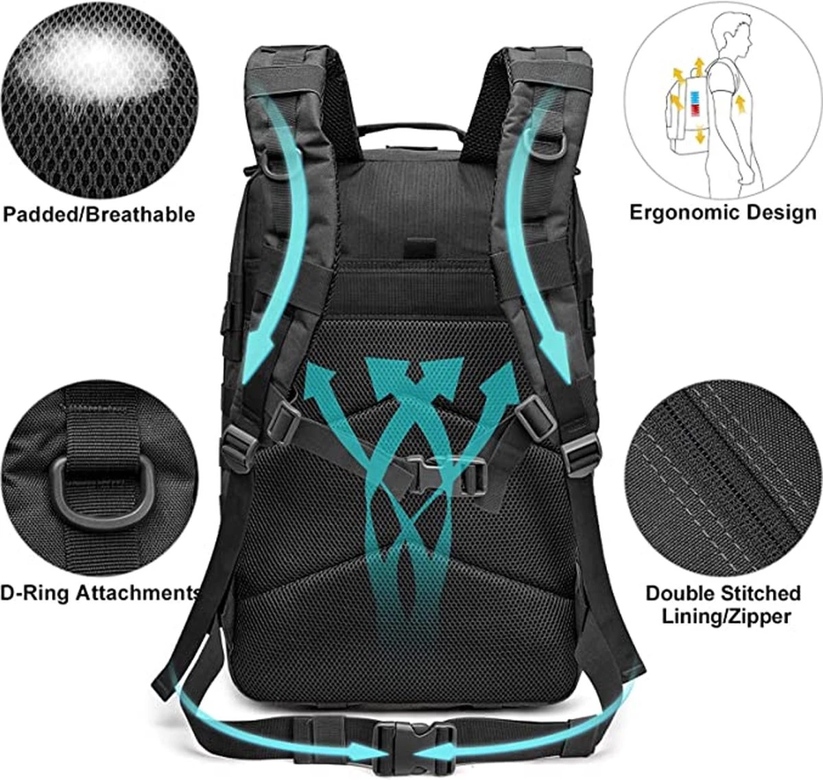 IBright 45L Militaire Rugzak | Tactische Rugzak | Oxford Stof | Waterdicht | Zwart 8 IBright 45L Militaire Rugzak | Tactische Rugzak | Oxford Stof | Waterdicht | Zwart - Afbeelding 6