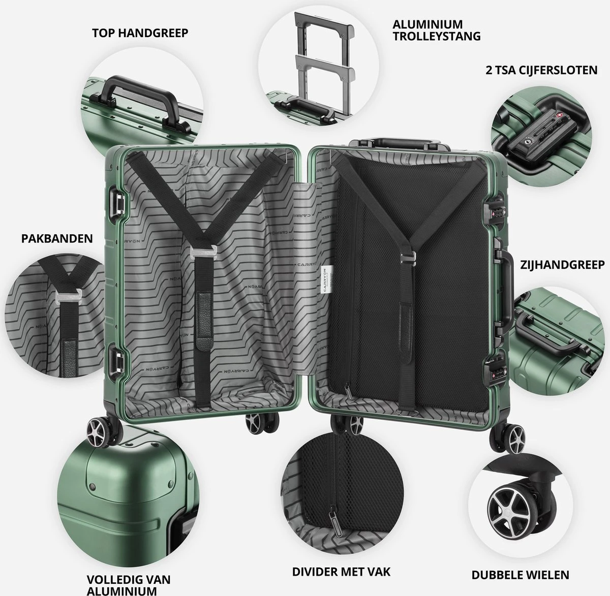 CarryOn ULD Handbagage - Luxe Aluminium Trolley 55cm - Dubbel TSA Slot - Dubbele Wielen - Groen 4 CarryOn ULD Handbagage - Luxe Aluminium Trolley 55cm - Dubbel TSA Slot - Dubbele Wielen - Groen - Afbeelding 2