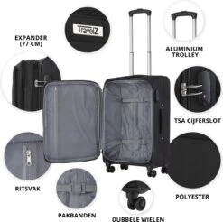 TravelZ Softspinner TSA Kofferset - 2-delig Handbagage + Grote Koffer 77cm - Dubbele Wielen - Zwart -Beroemde Bagage Winkel 1200x1193