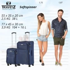 TravelZ Softspinner TSA Kofferset - 2-delig Handbagage + Grote Koffer 77cm - Dubbele Wielen - Blauw -Beroemde Bagage Winkel 1200x1199 1