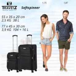 TravelZ Softspinner TSA Kofferset - 2-delig Handbagage + Grote Koffer 77cm - Dubbele Wielen - Zwart -Beroemde Bagage Winkel 1200x1199