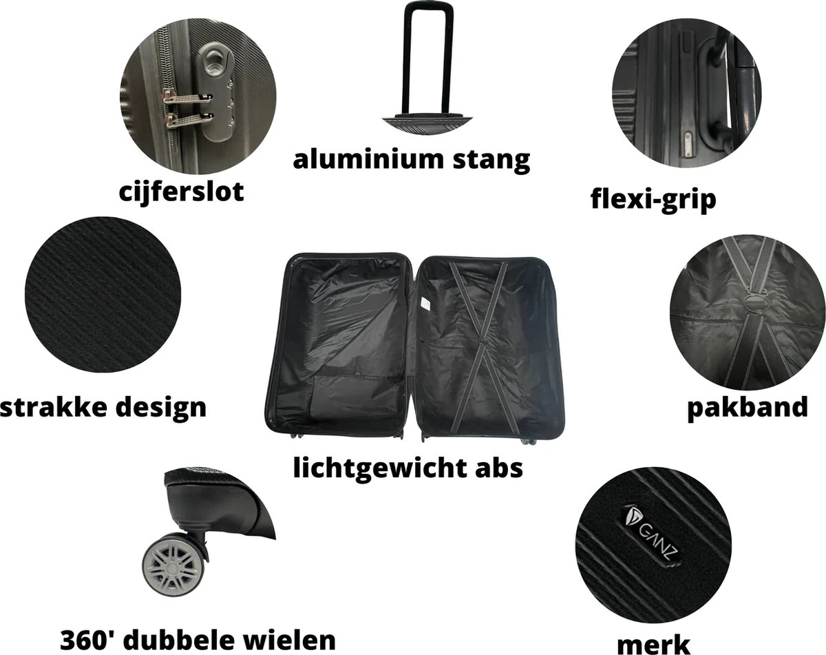 Ganz-Kofferset-3-delig-Zwart-Abs-Lichtgewicht-Trolley 7 Ganz-Kofferset-3-delig-Zwart-Abs-Lichtgewicht-Trolley - Afbeelding 5