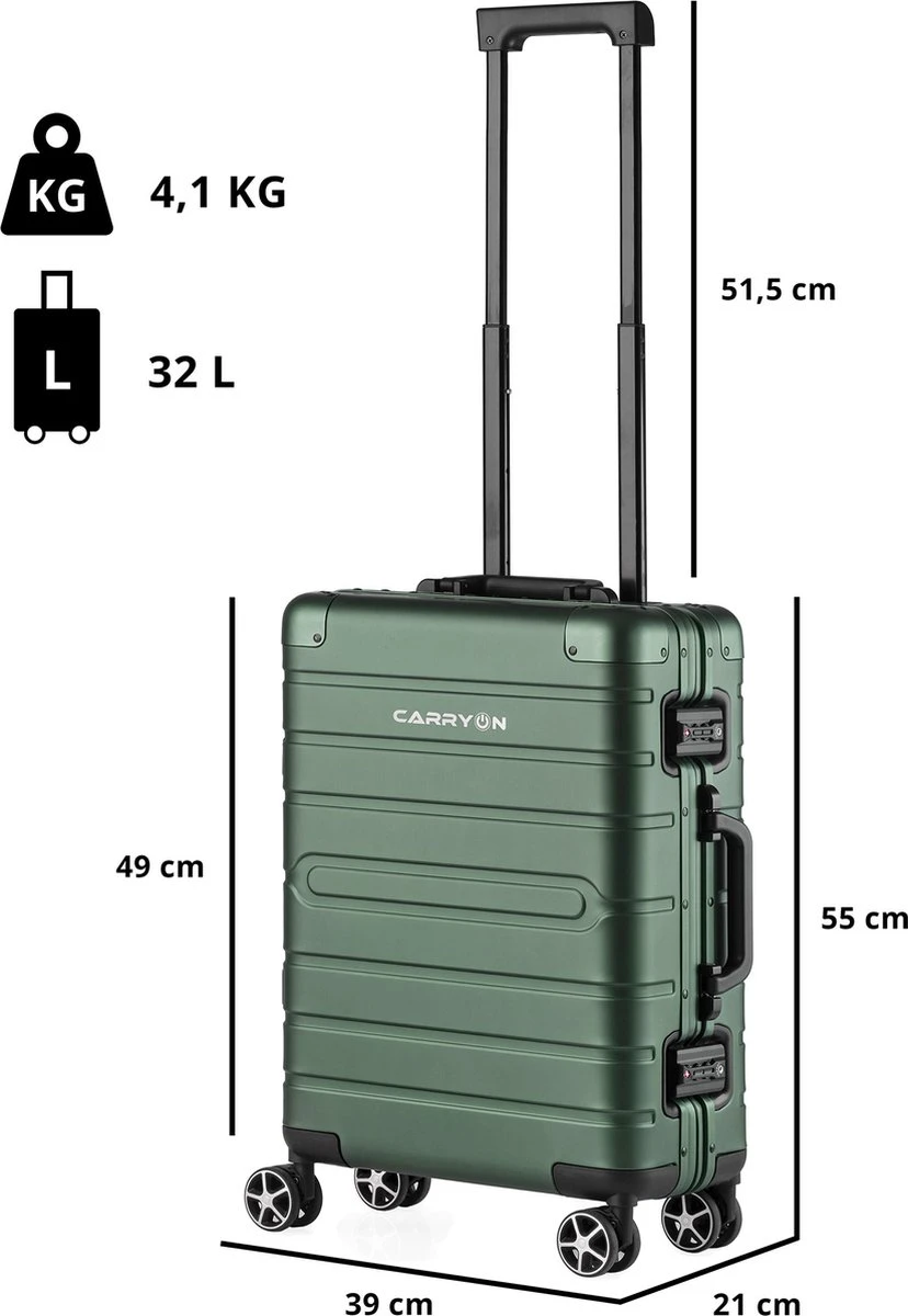 CarryOn ULD Handbagage - Luxe Aluminium Trolley 55cm - Dubbel TSA Slot - Dubbele Wielen - Groen 9 CarryOn ULD Handbagage - Luxe Aluminium Trolley 55cm - Dubbel TSA Slot - Dubbele Wielen - Groen - Afbeelding 7