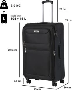 TravelZ Softspinner TSA Kofferset - 2-delig Handbagage + Grote Koffer 77cm - Dubbele Wielen - Zwart -Beroemde Bagage Winkel 965x1200